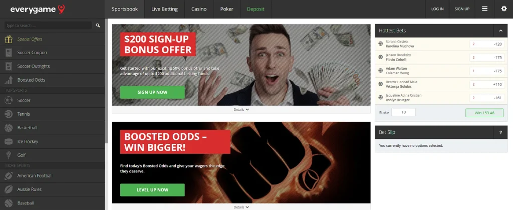 Everygame sportsbook mobile app clean interface