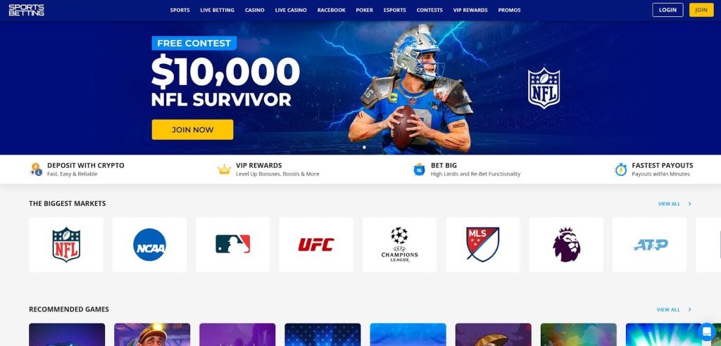 SportsBetting website showing high-limit sportsbook lines