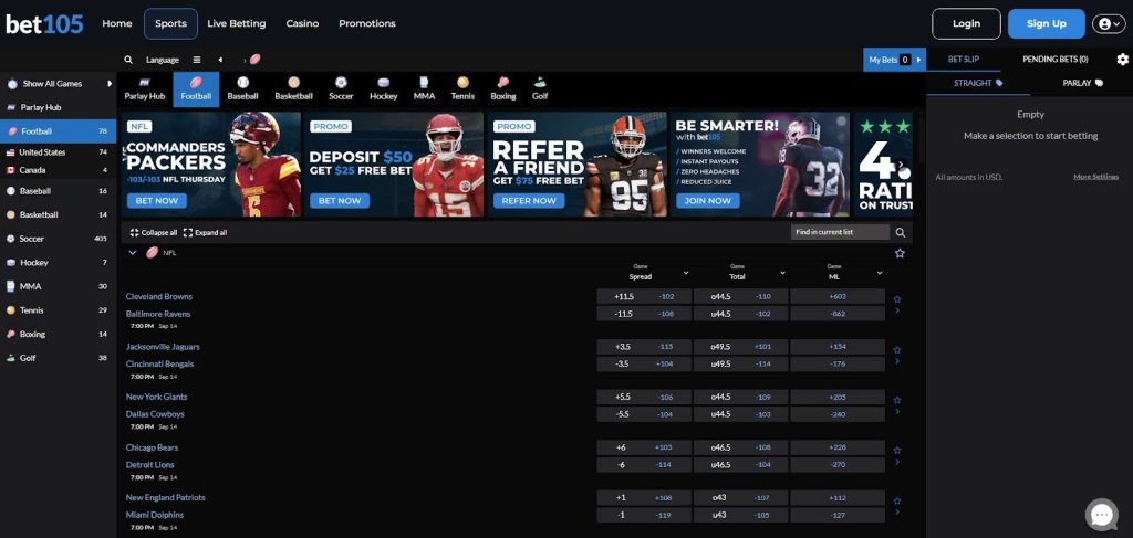 Bet105 value-driven sportsbook home screen showing odds
